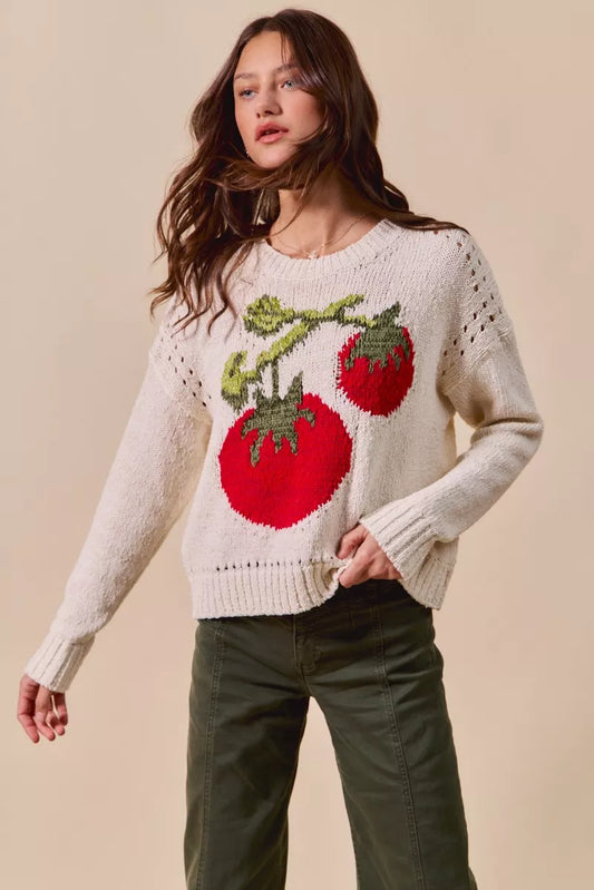 Tara Tomato Sweater front view, bold tomato graphics with ribbed hem and cuffs