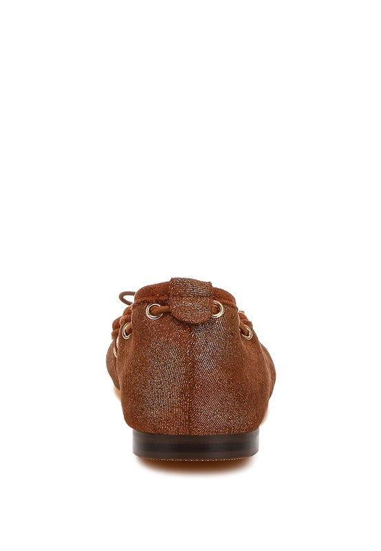 Back view of Darlow Drawstring Bow Ballerinas in brown with flat heel design