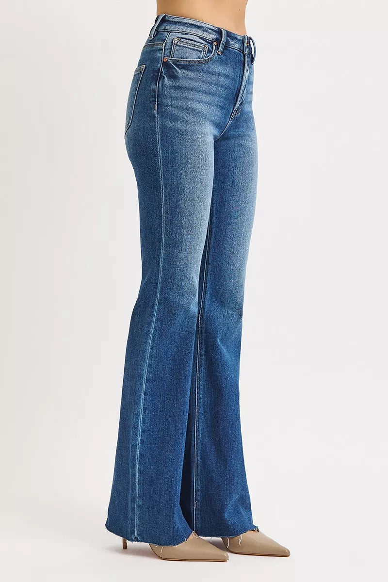 Side angle Seraphina High Rise Flare Jeans dark wash, elongating silhouette.