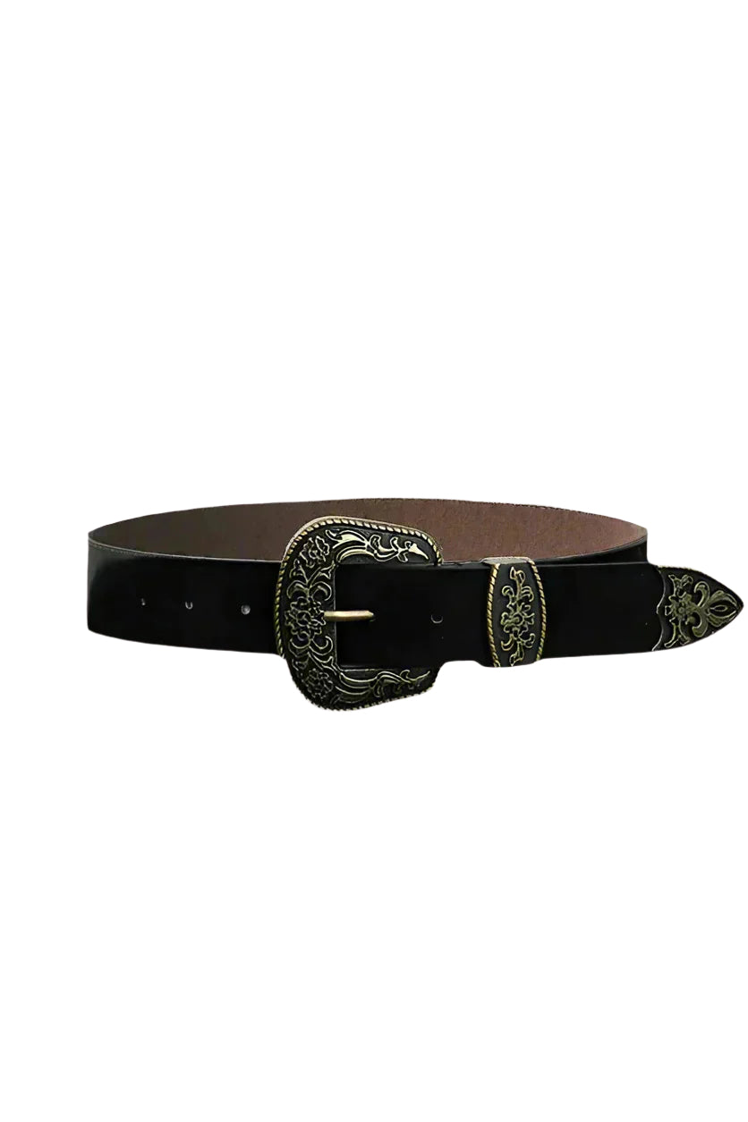 Sparrow Suede Western Buckle Belt in black, buckled to display Western-style hardware.