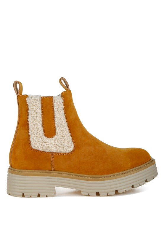 Side view of Tan Mothman Chunky Ankle Boots showing faux fur trim, lug sole, and rounded toe.