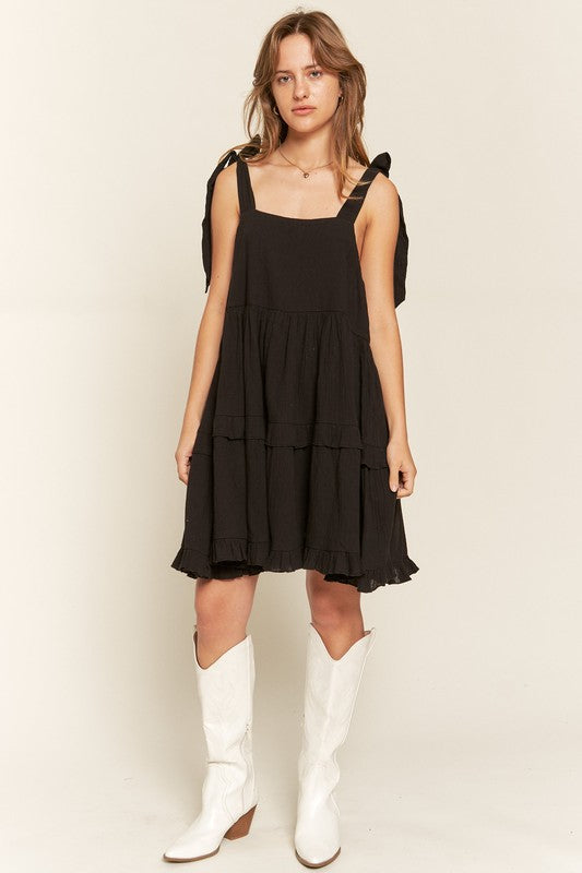 Edwina Square Neck Ruffle Mini Dress – Black, Adjustable Straps