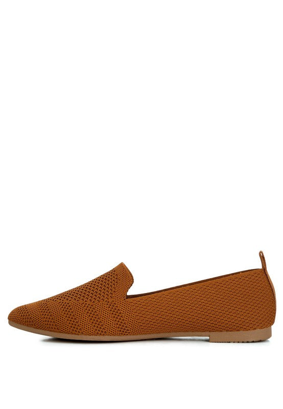 Akili Knit Textile Solid Flats in tan, side view with flat sole design