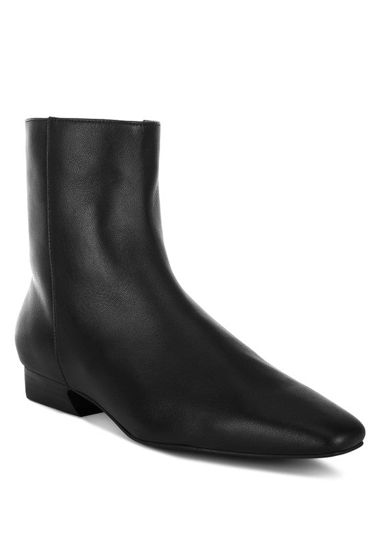 Obita Leather Ankle Boots in black showing flared heel and snip toe design.