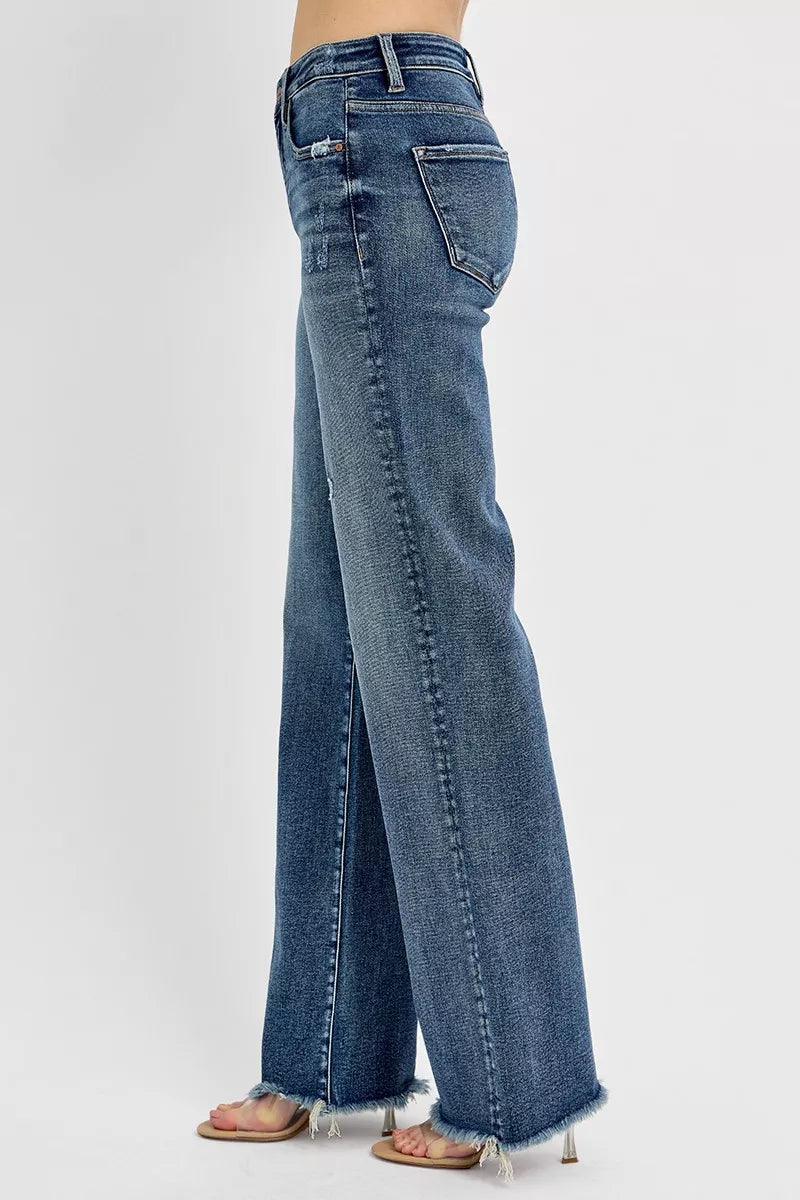 Side profile of Vivica Tummy Control Jeans, dark wash straight leg with high-rise fit and pocket detail