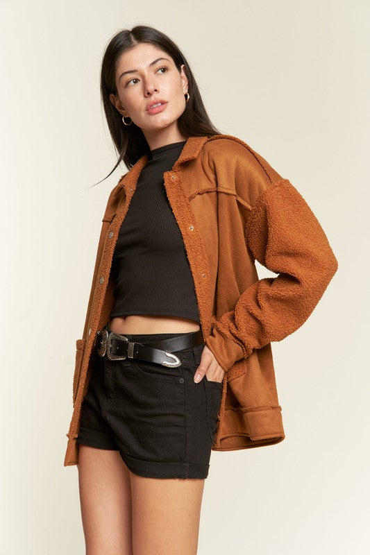 Camel Galina faux suede sherpa jacket side view showing sherpa sleeve and pocket.