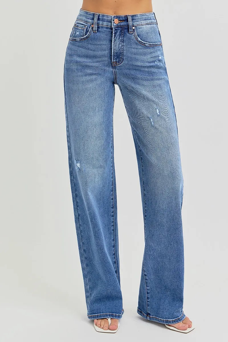 Allyson jeans front view highlighting subtle cat’s whisker distressing and wide leg silhouette.
