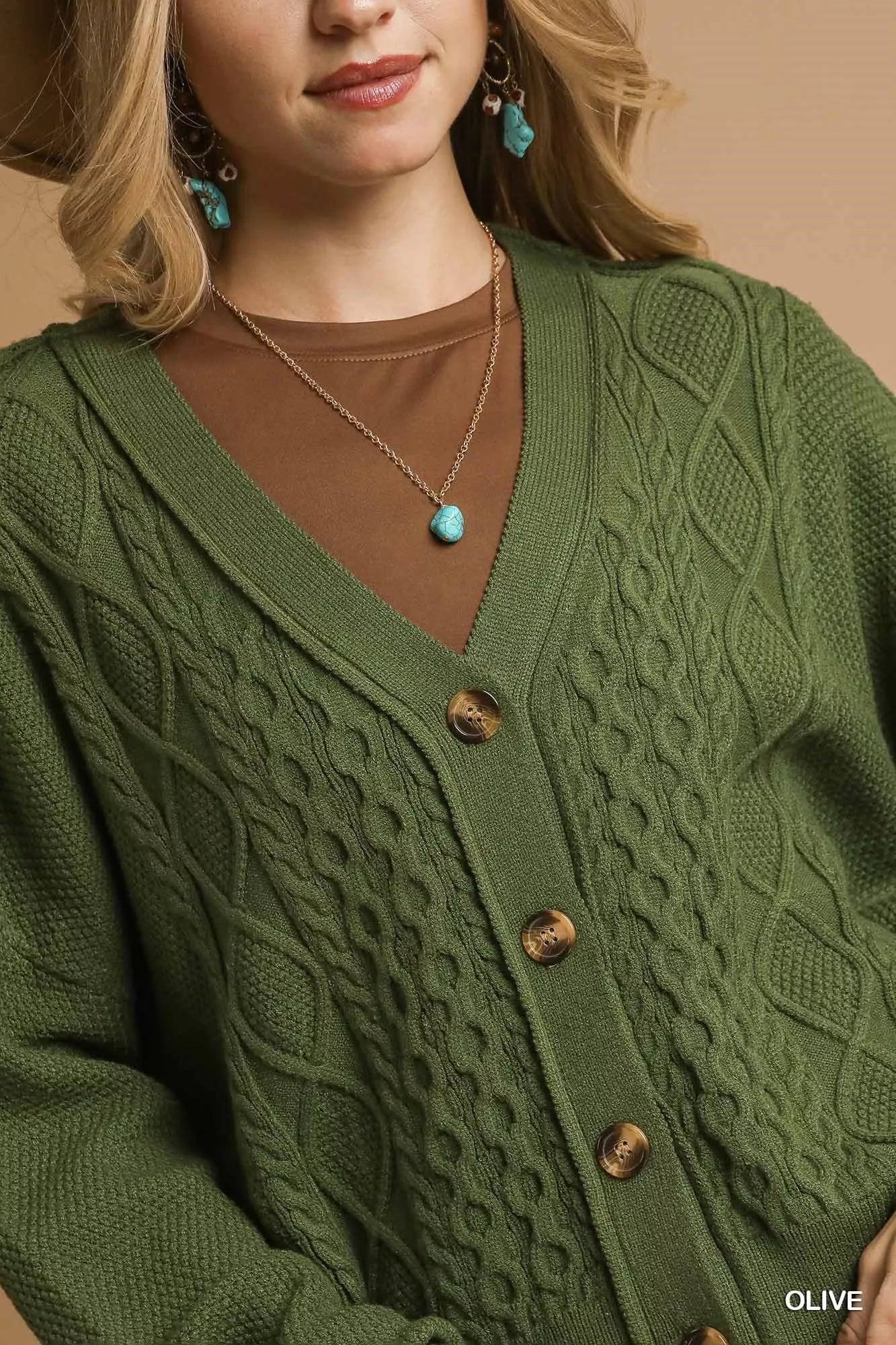 Close-up of Uma Olive Cardigan V-neckline and cable knit detail.