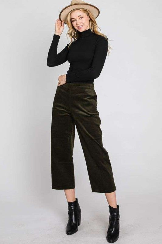 Lulu Plus Size Ribbed Velvet Pants in Olive, wide leg cropped with pockets