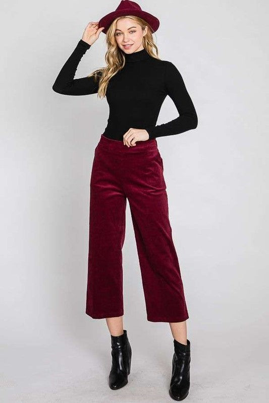 Lulu Plus Size Ribbed Velvet Pants in Ruby, cropped wide leg with pockets.