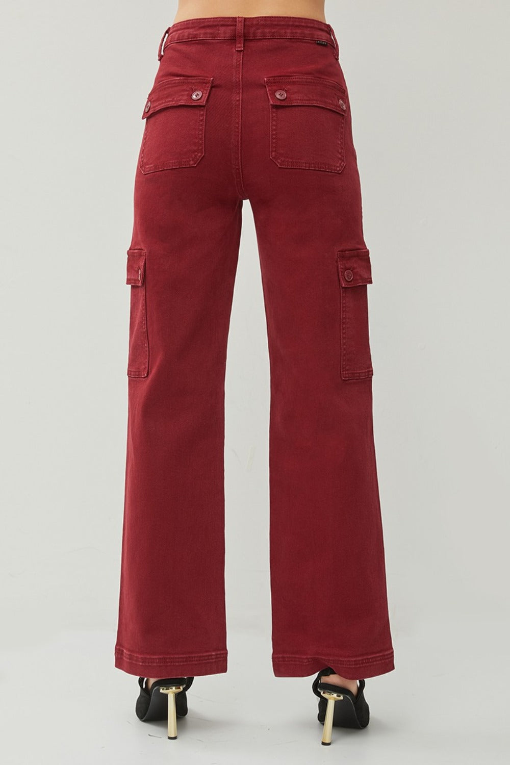 Back view of Rafaela wine wide leg cargo jeans showing pocket placement and relaxed silhouette.