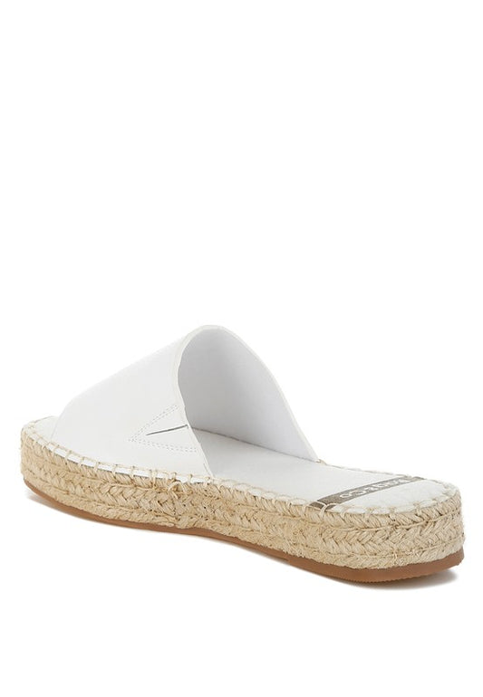 Back inside angle of Scalar White Leather Flatforms showing slip-on heel, jute braid wrap, and cushioned insole.