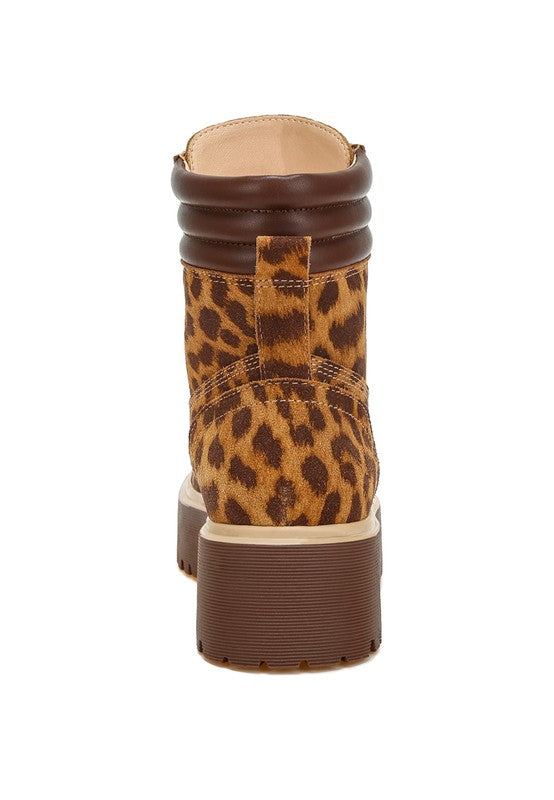 Back view of Ujola High Ankle Leopard Real Suede Leather Boots featuring pull tab and cushioned heel area.