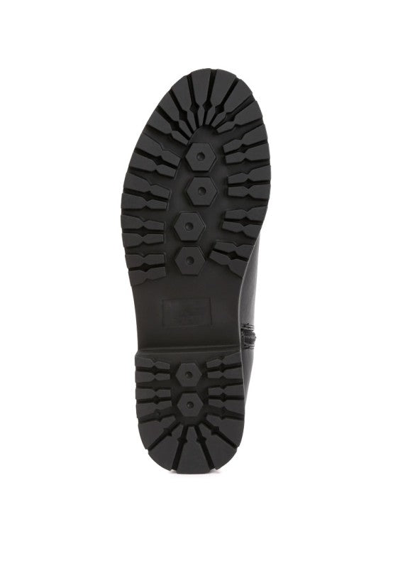 Bottom view of Black Thorin Block Heel Boots showing lug sole traction and low block heel.