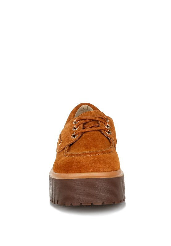 Cuckatoos Tan Oxford Loafers top view, lace-up closure and moccasin seam detail.