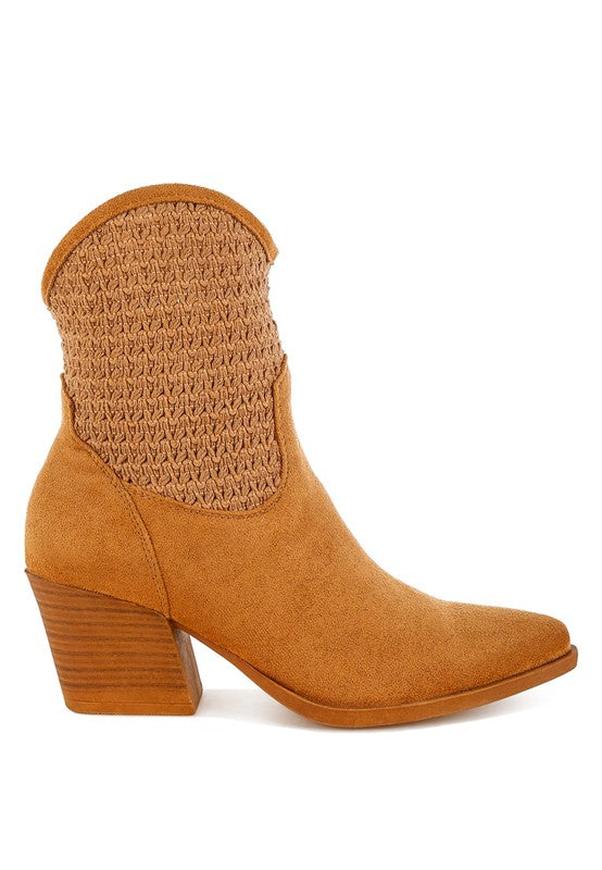 Tan Bimmy Woven Western Boots side view showing western silhouette, woven detail, and comfortable block heel.