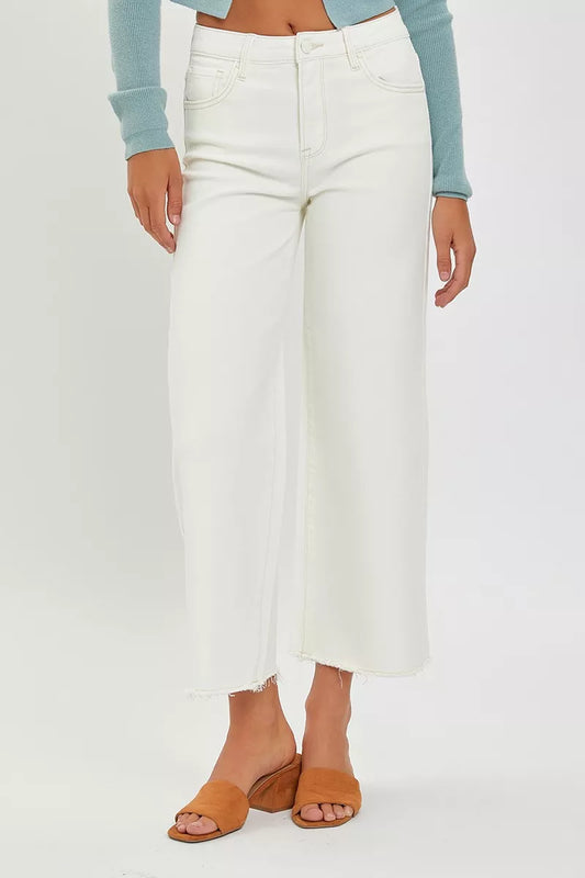Joni Cream Wide Leg Crop Jeans, high waist tummy control, raw hem.