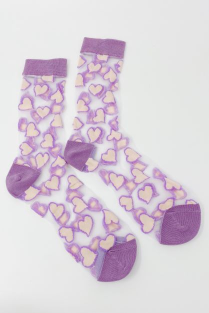 Lyssi Heartful Love Sheer Socks - Heart Print, Taupe, Pink, Lavender, One Size