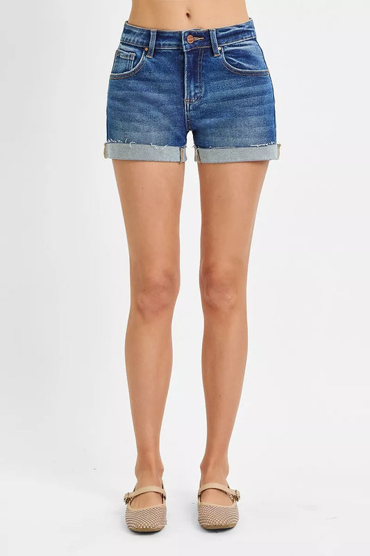 Zayla cuffed denim shorts front fit view with soft stretch fabric and rolled hems
