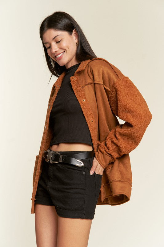 Side view of Galina Curvy Plus Faux Suede Jacket in camel with cozy sherpa trim.