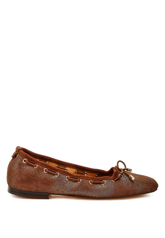 Side view of Darlow Drawstring Bow Ballerinas in brown suede with square toe