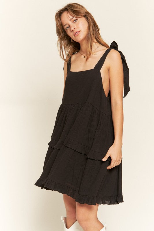 Edwina Plus Size Square Neck Ruffle Dress – Black, Adjustable Straps