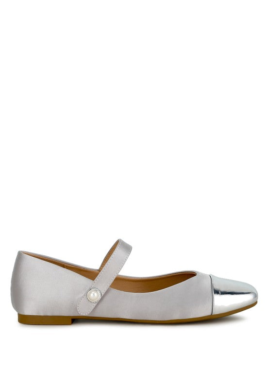 Silver Albi Mary Jane Flats side view with glossy toe cap