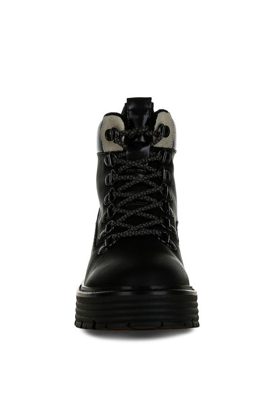 Front view of Black Boskoff Lace-Up Chunky Ankle Boots with high ankle shaft and chunky block heel.