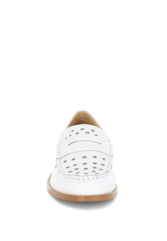 Front view of White Oglavia Studded Leather Loafers showing stud embellishments and square.