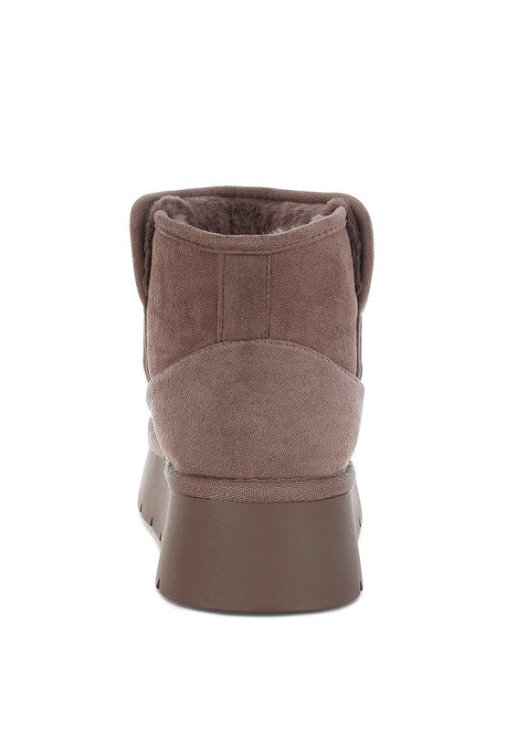 Back view of Dark Grey Holias Chunky Heeled Snow Boots with cushioned insole, paneling, and TP rubber sole.
