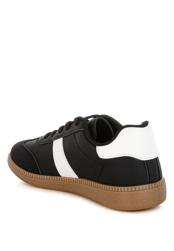 Back view of black casual platform sneakers for women with comfy cushion insole.