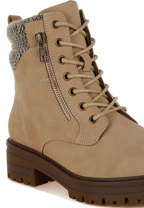 Close-up of Beige Mahisha Hiker Boots showing suede-like microfiber finish and knitted collar trim.