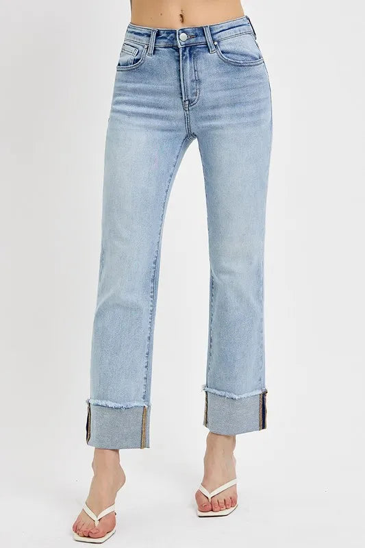 Front view of Lorelei Light Wash High Rise Straight Cuffed Jeans showing cuffed raw hem detail.