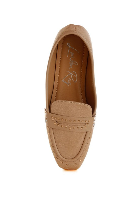 Top view of Beige Lumina Penny Strap Studded Loafers with cushioned insoles and penny strap detail.