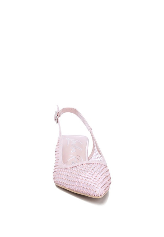 Pink rhinestone mesh slingback mules with cushioned insole.