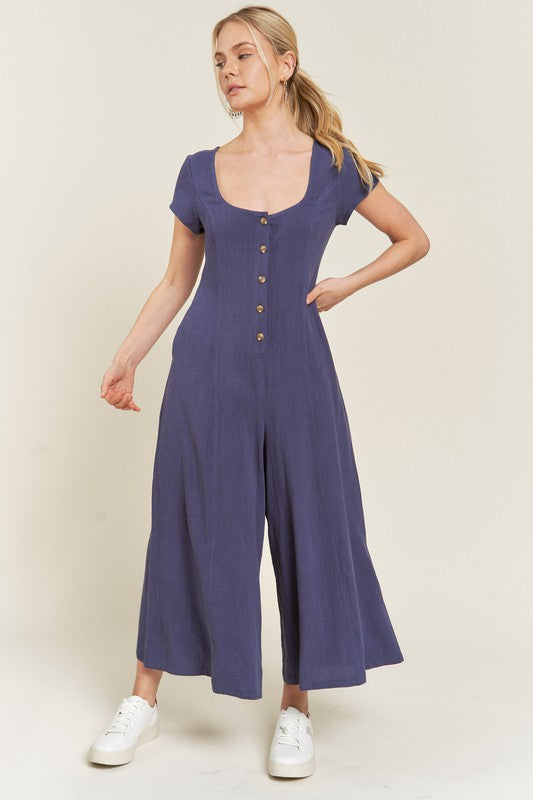 Navy Seona Linen Plus Size Jumpsuit front view showing button-down front and wide cropped legs.