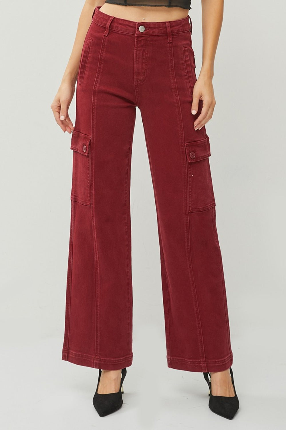 Front view of Rafaela wine cargo jeans with high rise waist, wide leg, and functional pockets.