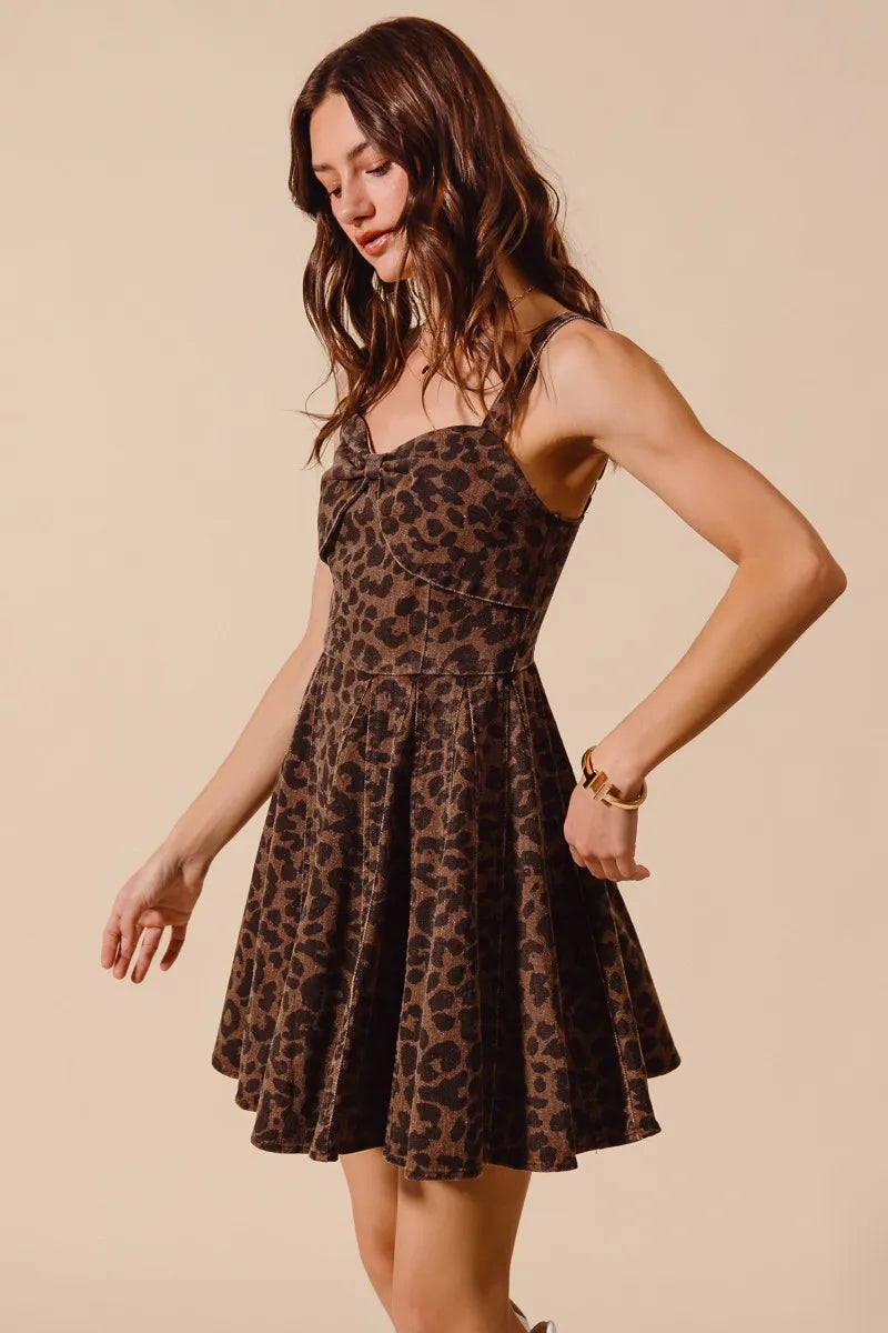 Roxanne Leopard Flare Cami Dress with sweetheart neckline, bold leopard print, and flared silhouette.