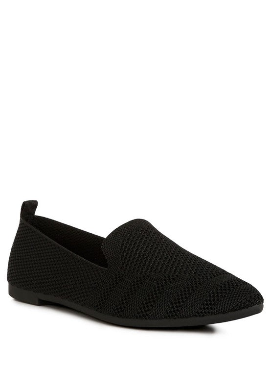 Akili Knit Textile Solid Flats in black, chic front angle view
