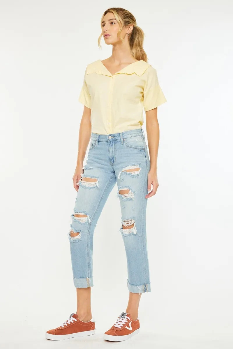 View of Kancan Cordelia Distressed Boyfriend Jeans, mid rise, relaxed fit, and 100% cotton denim.