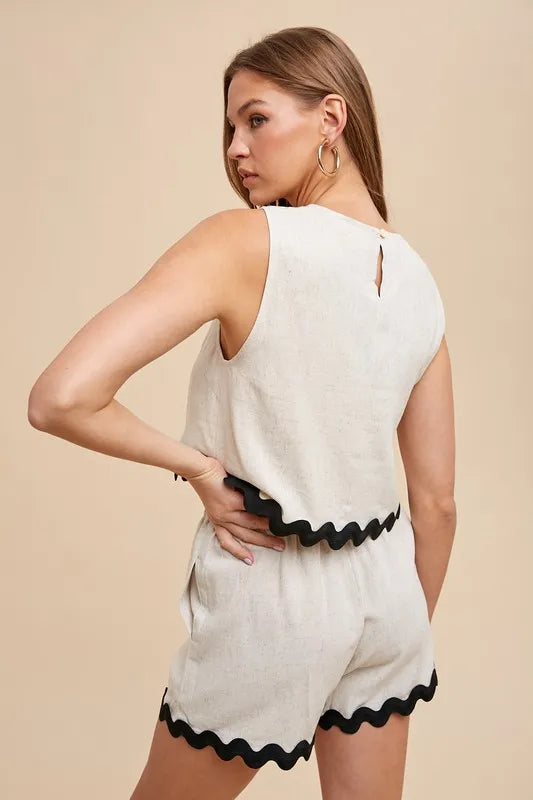 Annika Ric Rac trim top and shorts set, sleeveless design with frill and playful stitching, casual wear.