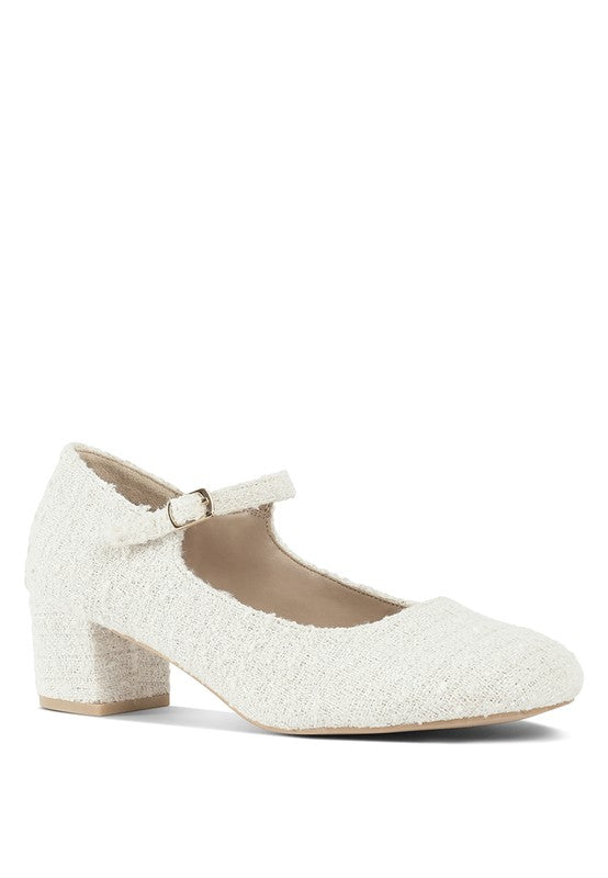 Side view of White Antara Tweed Mary Jane Heels highlighting tweed fabric, block heel, and ankle strap fastening.