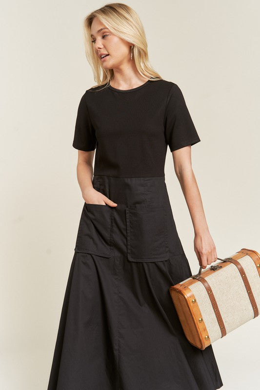 Front view of Felicity Knit Mix Dress in black with short sleeves and round neckline
