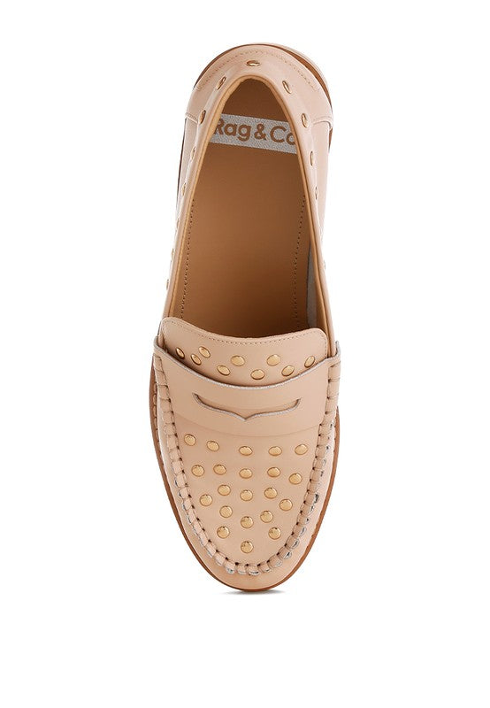 Top view of Beige Oglavia Studded Leather Loafers highlighting round toe and cushioned insole.