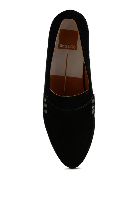 Top view of Black Durance Suede Loafers highlighting stud embellishments