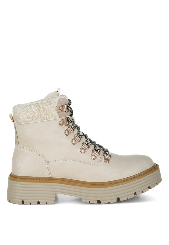 Side view of Beige Boskoff Lace-Up Chunky Ankle Boots with eyelet detail, platform heel, and lug sole.