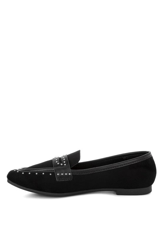 Side angle front of Black Lumina Penny Strap Studded Loafers showing stud embellishments and flat heel.
