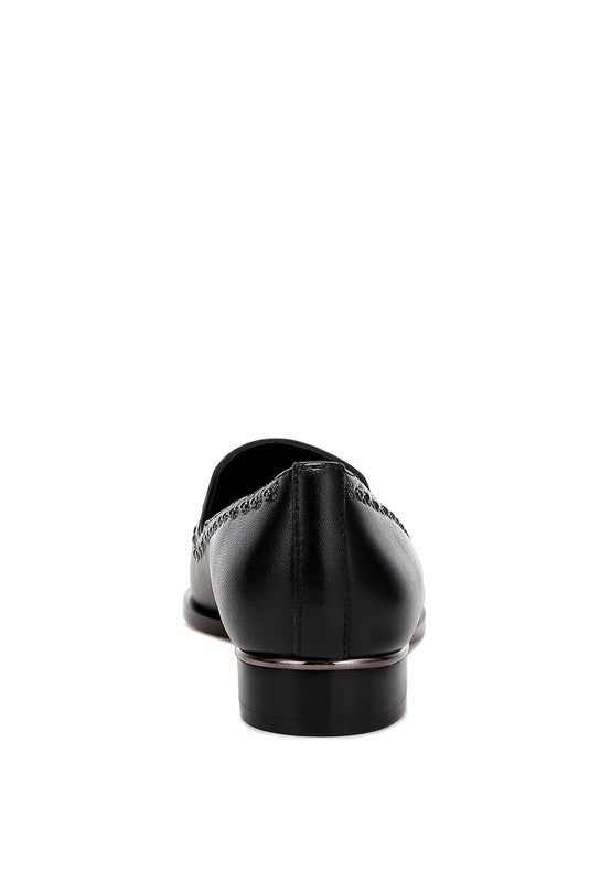 Back view of black Wolferton studded loafers with low block heel