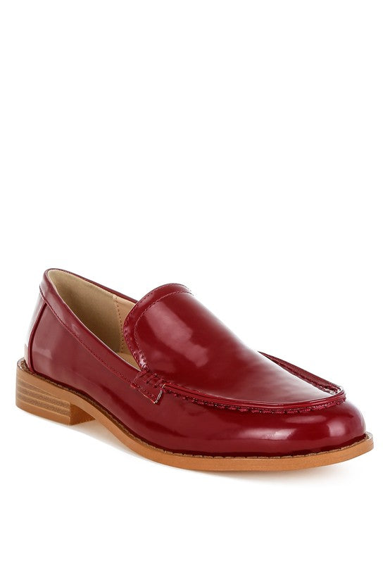 Front angle of Burgundy Corleone Vegan Leather Loafers with stacked heel and cushioned insole.