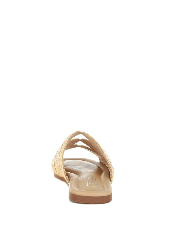Back view of beige Daisy Doe raffia flat showing the flat heel and woven raffia texture.